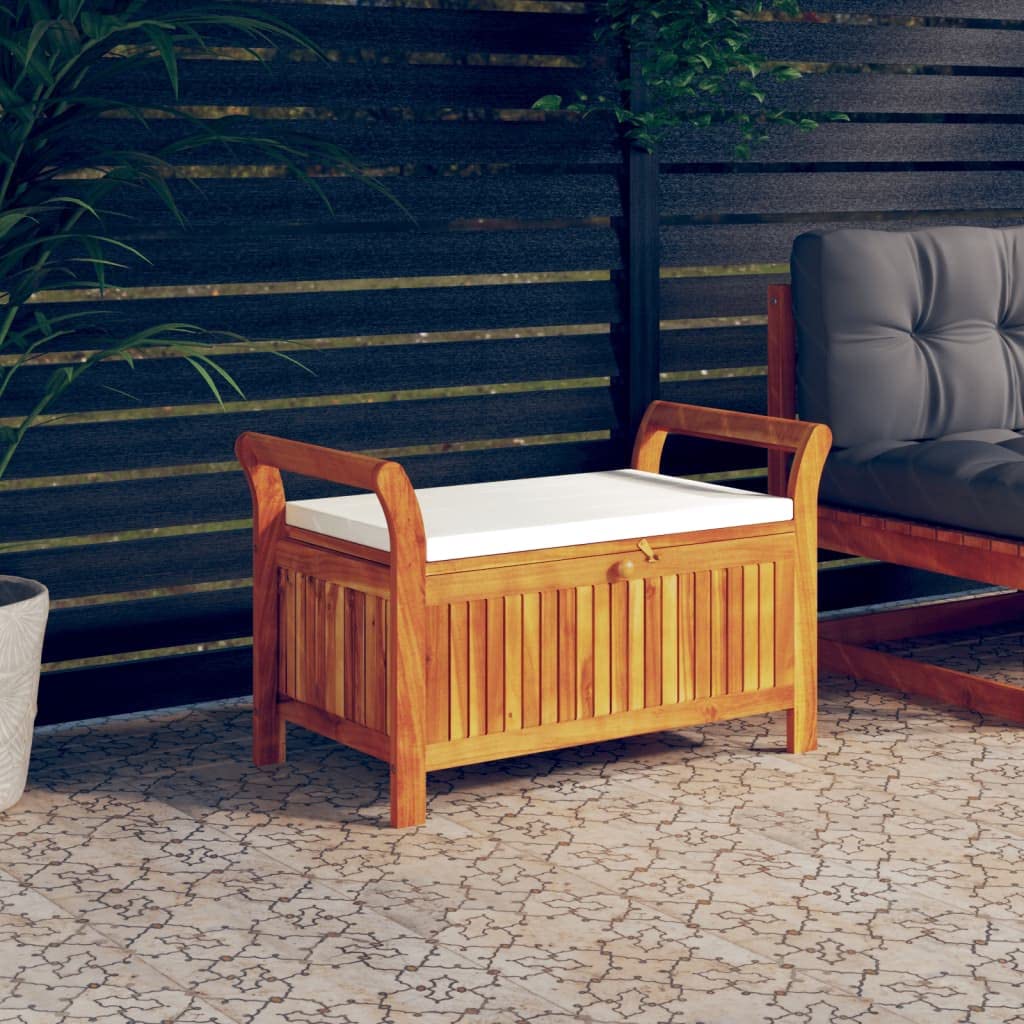 Banc de Rangement Extérieur en Bois D'acacia avec Coussin Coffre de Rangement Jardin Coffre à Coussin (Blanc crème,91 x 50 x 60 cm)