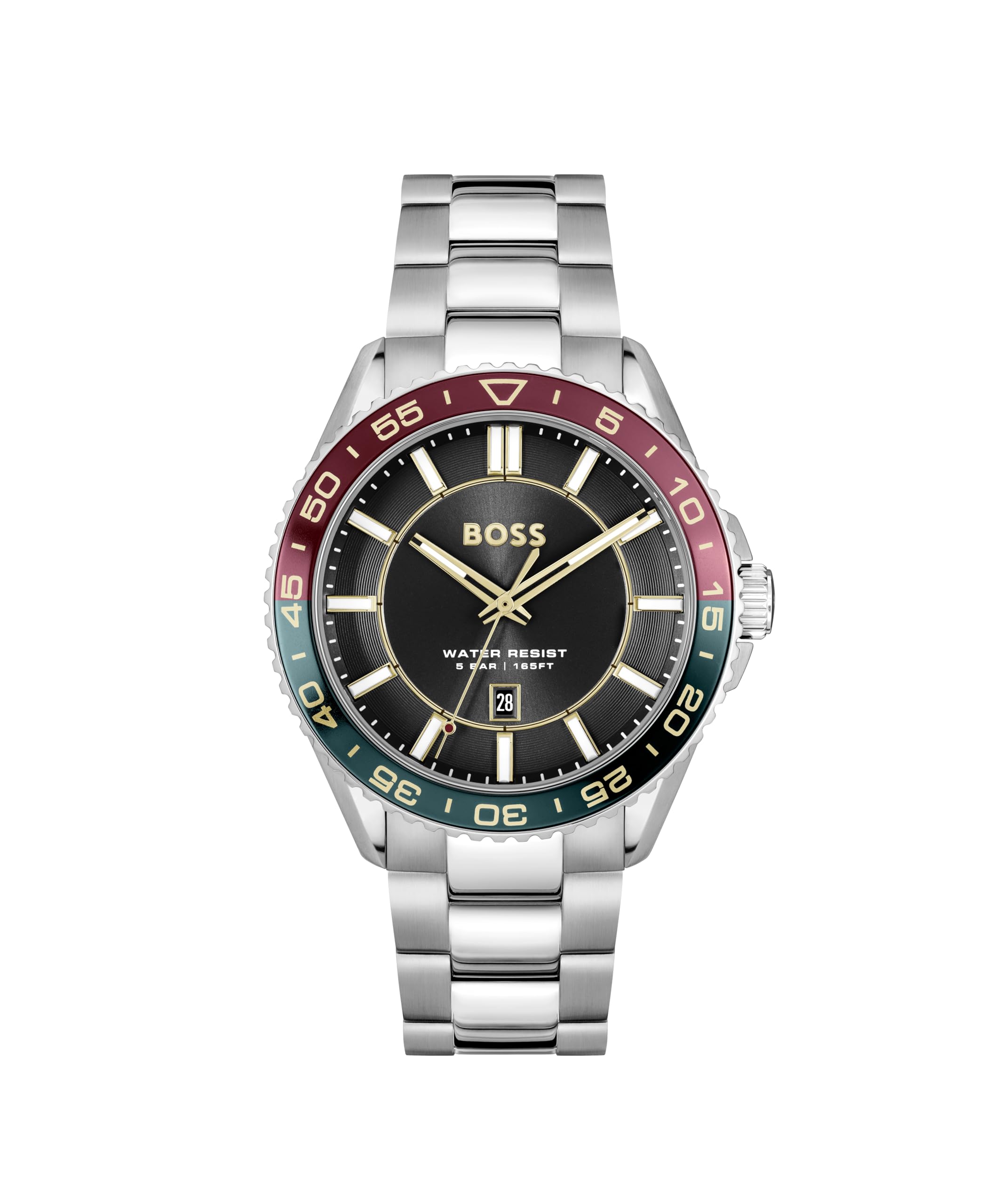 BOSS Three Hand Quartz Movement Watch with Calendar for Men Runner 3H Collection with Silver Stainless Steel Bracelet - 1514210