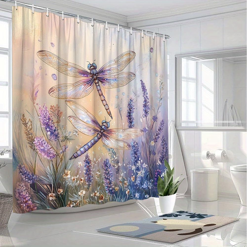 GLWDMB 1 Piece 180x180CM Purple Dragonflies and Lavender Flowers Printed Shower Curtain With Hook, Polyester, for Windows And Walls, Bathtub, Bathroom, Machine Washable, All Season Universal