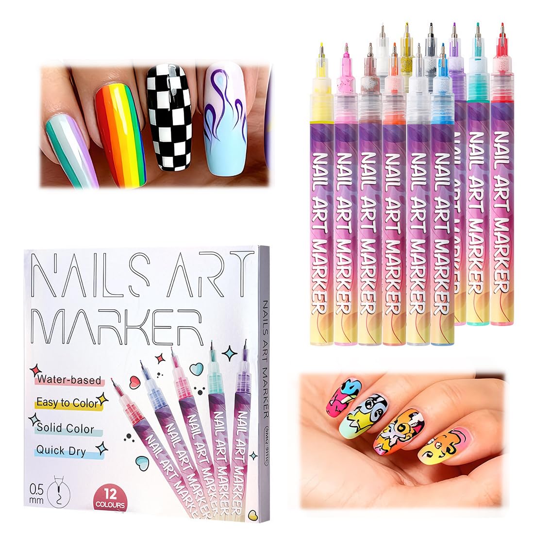 12 Pezzi Nail Art Marker,Penna 3d, 0.5mm,Per Fai Da te Graffiti Pen,Manicure Strumenti, Bellezza Adorna Regalo, Per Halloween,Natale