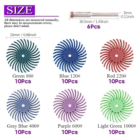 Swpeet 66Pcs 1 Inch 6 Mixed Grit 80/120/220/400/600/1000 Radial Bristle Disc Abrasive Brush Gap Polishing Pad Buffing Wheel Assortment Kit with 1/8 Shank for Rotary Tools Cleaning Finishing Deburring