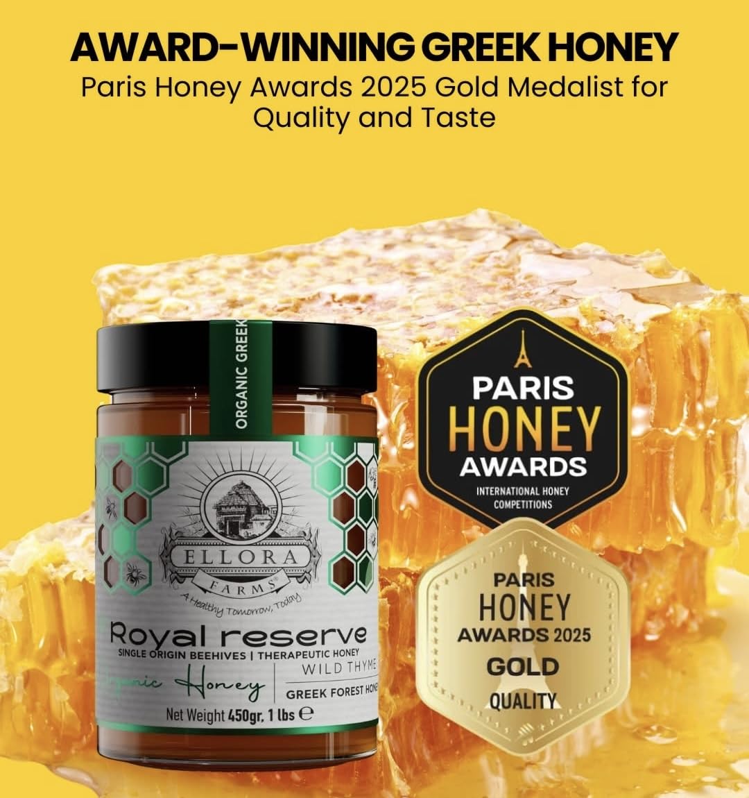 Ellora Farms Organic Honey, Wild Thyme Raw Honey, Greek Unfiltered, Preservative and Additive Free, Paris and Dubai Gold Awards Winner, Gift Pack with Dipper - 450 g