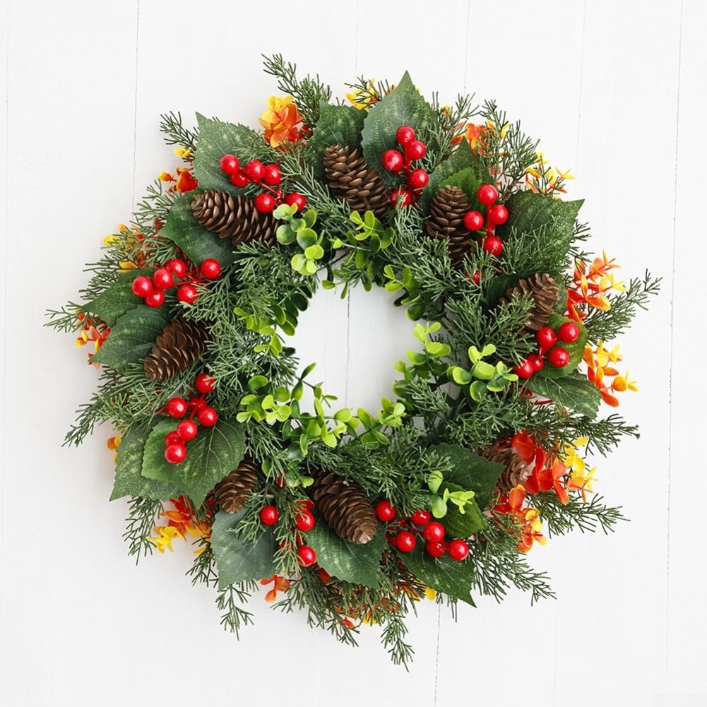 Zoegneer Corona de Navidad artificial de 40 cm con piñas y bayas rojas para decoración de vacaciones en interiores y exteriores, adorno de pared para puerta de casa, oficina, temporada de invierno