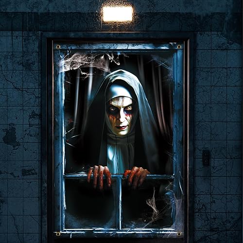 Vista 7 de LOMIMOS Decoración aterradora de Halloween para ventana, cortina de terror de Halloween, tela de monja, decoración de telón de fondo espeluznante
