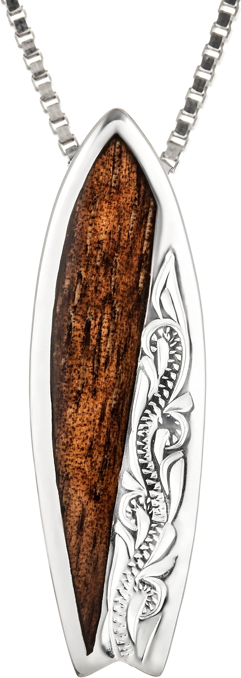 925 Sterling Silver Natural Koa Wood Hawaiian Surfboard Necklace Pendant, Nickel Free Hypoallergenic for Sensitive Skin, Heirloom Scroll Hibiscus Flower Wave, with 18" Box Chain