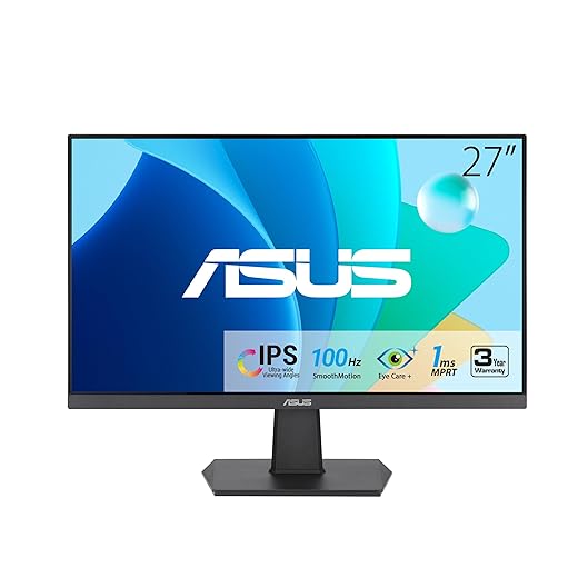 ASUS 27” 1080P Eye Care Monitor (VA27EHF) - IPS, Full HD, Frameless, 100Hz, 1ms, Adaptive-Sync, for Working and Gaming, Low Blue Light, Flicker Free, HDMI, VESA Mountable, Tilt