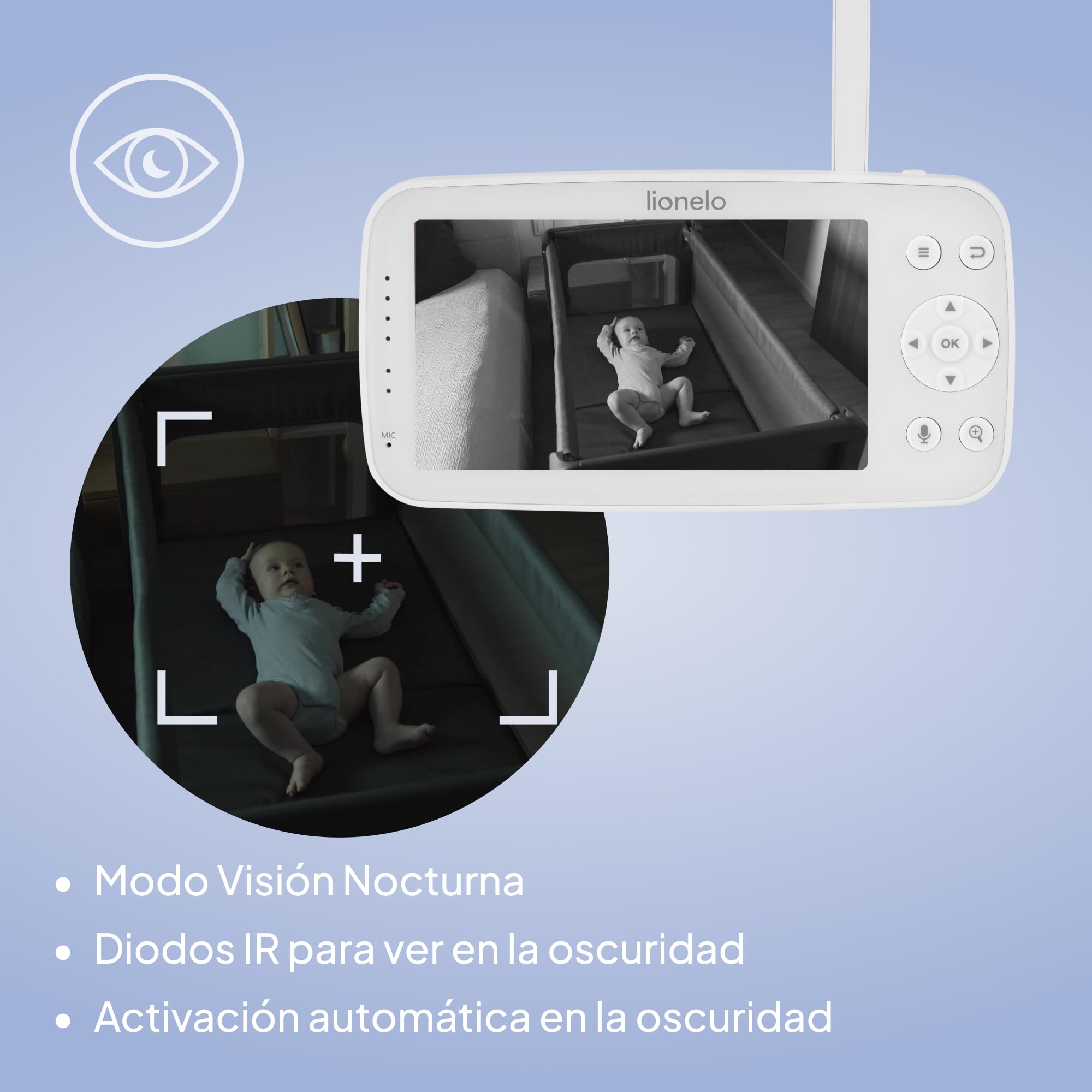 lionelo Babyline 8.4 Camara Vigilancia Bebe, Vigilabebes Full HD con App, Monitor 5", WiFi, Vision Nocturna IR, Deteccion De Movimiento y Llanto, Audio Bidireccional, 300 m, Temperatura