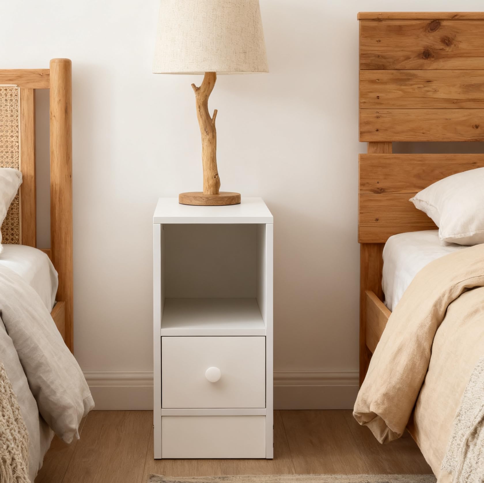 Pantanal 20CM Slim Bedroom Nightstand Small Bedside Table Cabinet with Storage Drawers and Shelf, Narrow Thin Living Room End Table Sofa Side Table Wood (white with drawer)