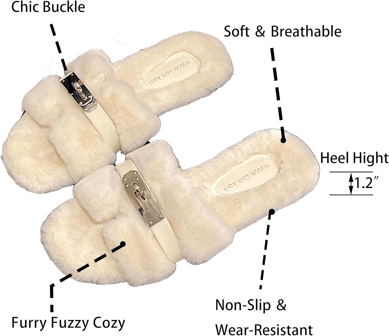 Women's Plush Slippers with Metal Decor - Trendy Fuzzy Fashion Slides, Super Light & Non - slip Sole, Cute for Home & Outdoor - Image 4