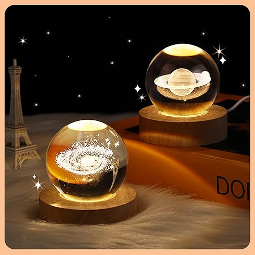 Miniatura 3 de MSUIINT 2 piezas de bola de cristal 3D, luz nocturna, diseño de sistema solar, decoración con base de lámpara LED, universo de ciencia astronomía,