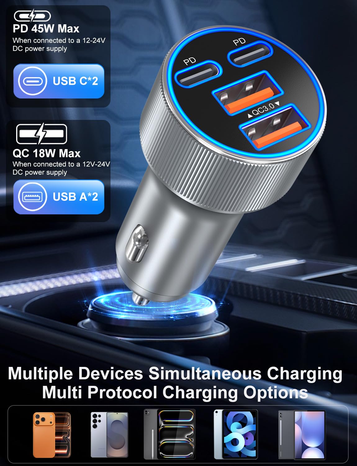 Cargador de coche USB C, adaptador de encendedor de cigarrillos de carga súper rápida de 90 W, multipuerto, dual, 45 W, 12 V, USB-A y USB-C PD/QC 3.0, cargador de teléfono de coche rápido para iPhone
