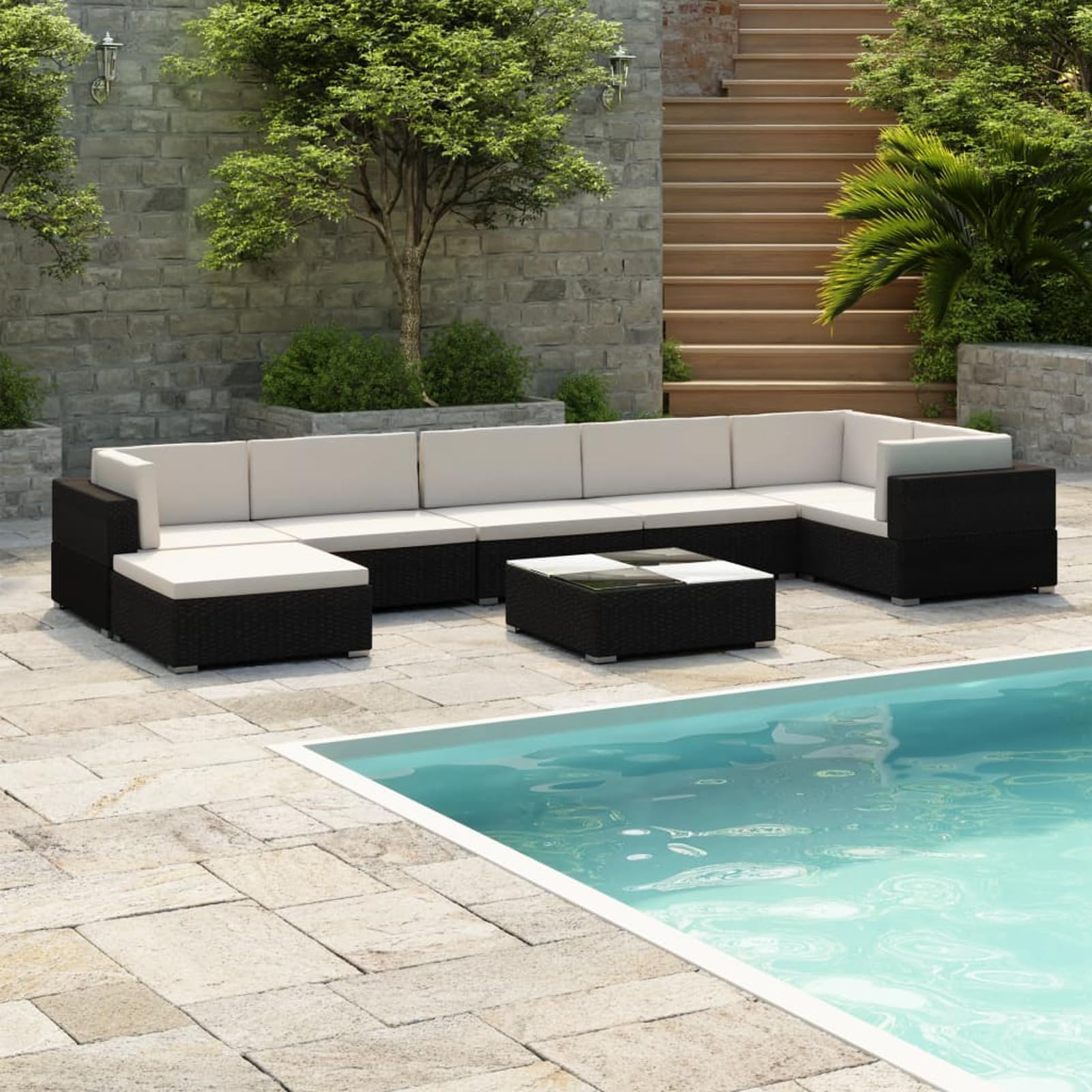 Set Divani da Giardino 8 pz con Cuscini in Polyrattan Nero, Salotto da Esterno, Set Giardino Esterno, Set da Giardino, Arredo Giardino, Divano da Giardino