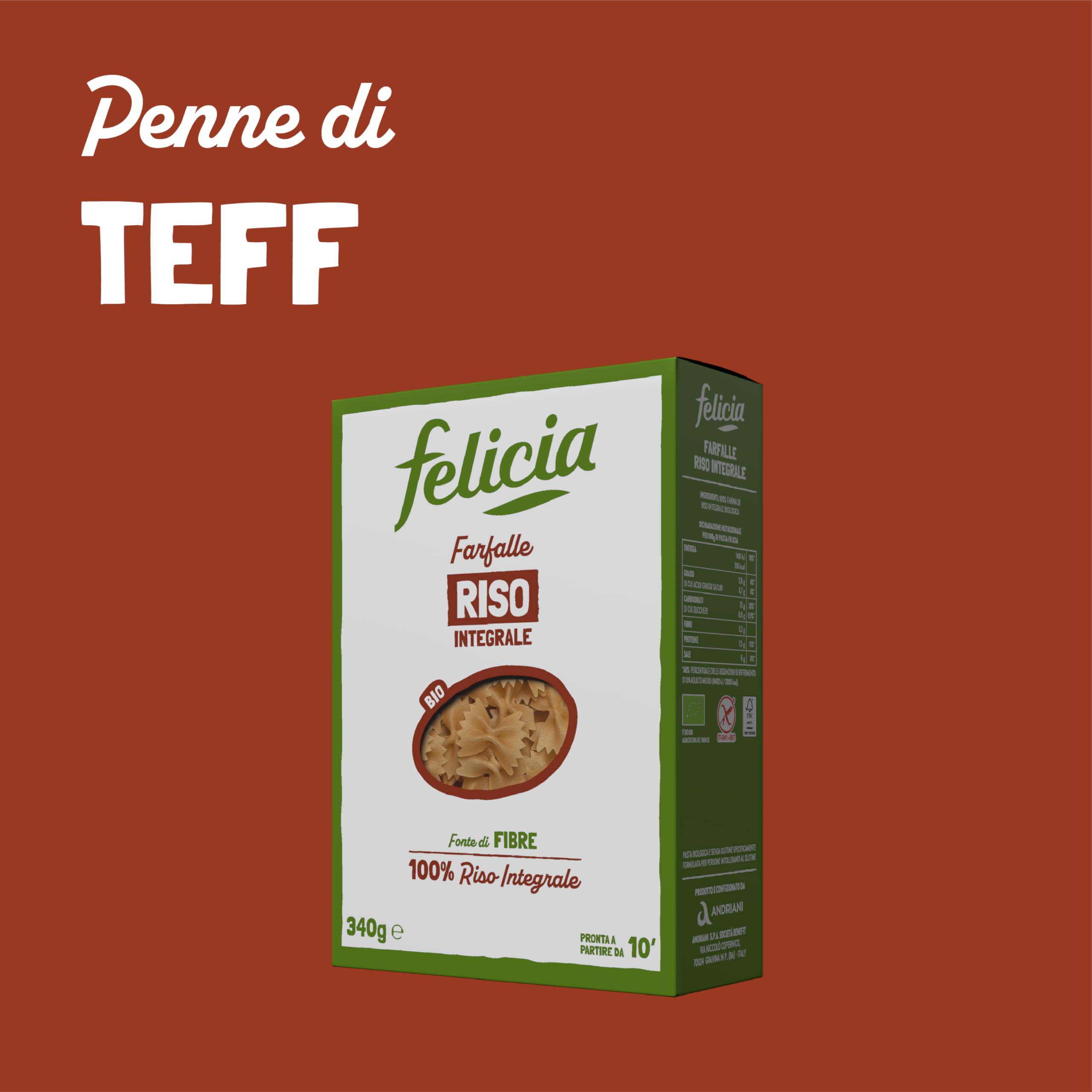 Felicia, Penne Rigate di Teff Integrale, Pasta Biologica Ricca Fonte Fibre, Ferro, di Magnesio e di Fosforo, Conserva il Gusto Autentico della Cucina Etiope, Vegan, Box da 12 Confezioni