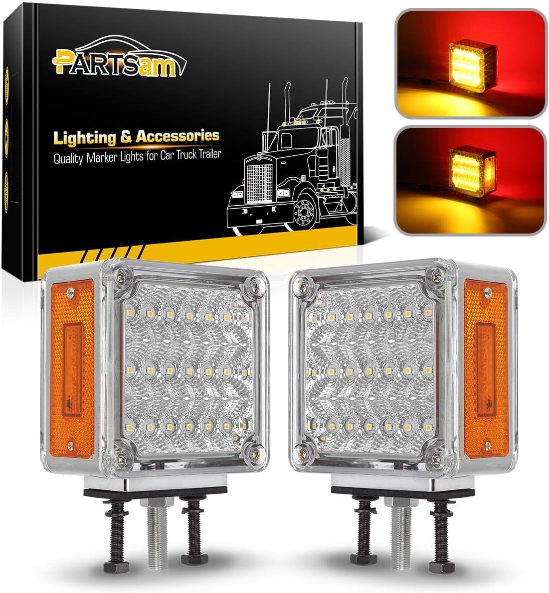 Partsam 2X Square Double Face LED Pedestal Light Cab Fender Turn Signal Light for Truck Towing Trailer,Dual Face LED Stop Turn Tail Parking Light Replacement for Trucks