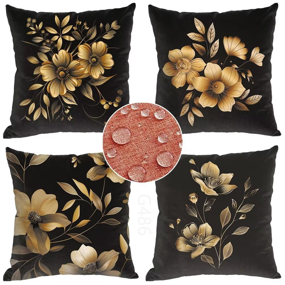 Federe Cuscini Divano 55 x 55 Copricuscini da Esterno Impermeabili Set di 4 Cuscini Nero Cuscini per Divano in Lino Cuscini Esterno Impermeabili Foglia Cuscini Decorativi, Regalo Donna, Giardino N-1