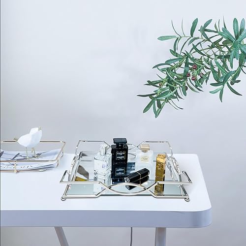 Miniatura 9 de Bandeja de tocador de cristal con espejo, bandeja de maquillaje plateada, bandeja decorativa de metal, organizador de joyas rectangulares,