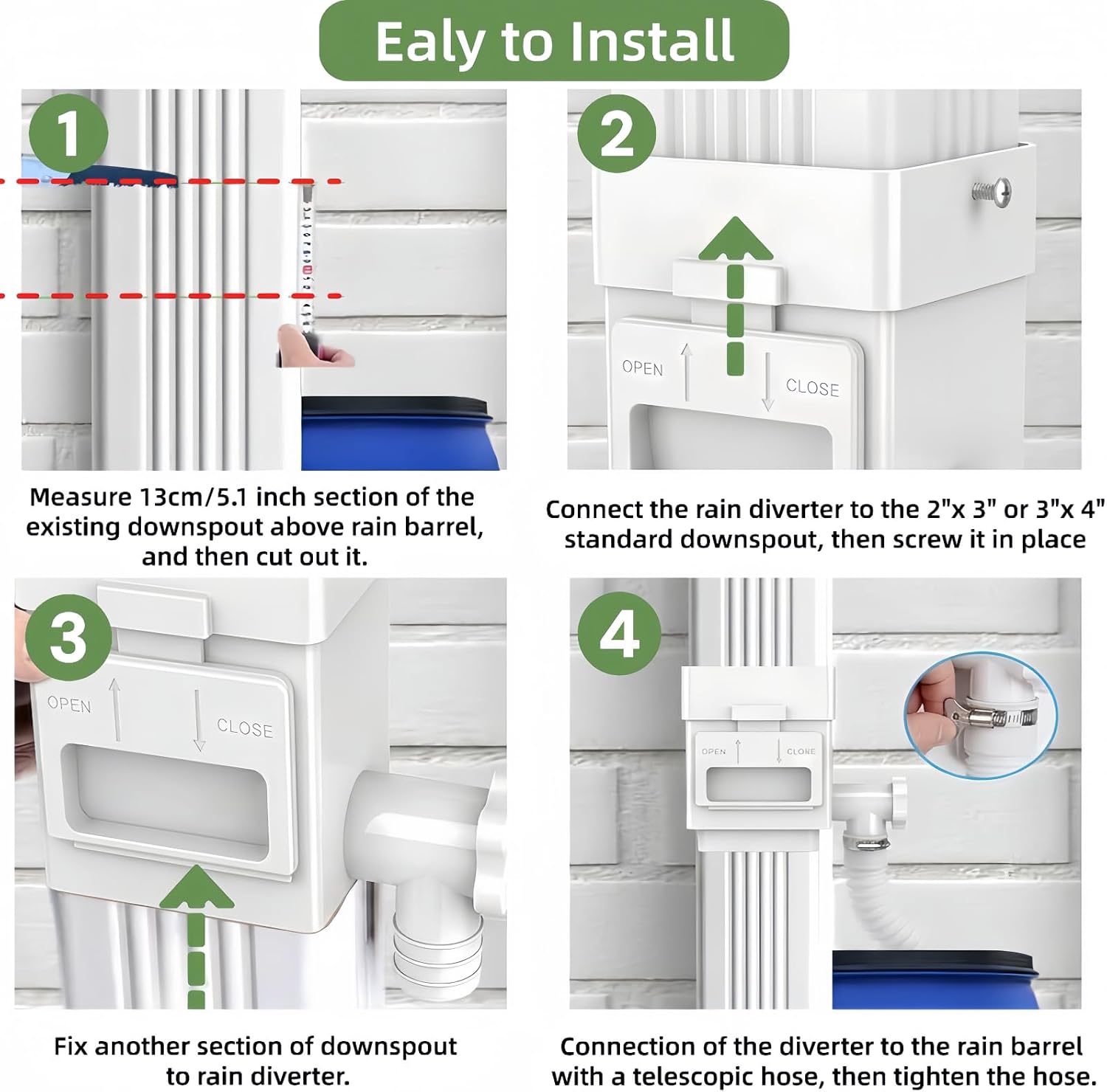 Rain Barrel Diverter Kit - Downspout Diverter with Filter Screen Fits 2x3 & 3x4 Inch Downspouts, Adjustable Diverter Valve, Overflow Prevention, 5FT Hose Included for Garden Watering (White)