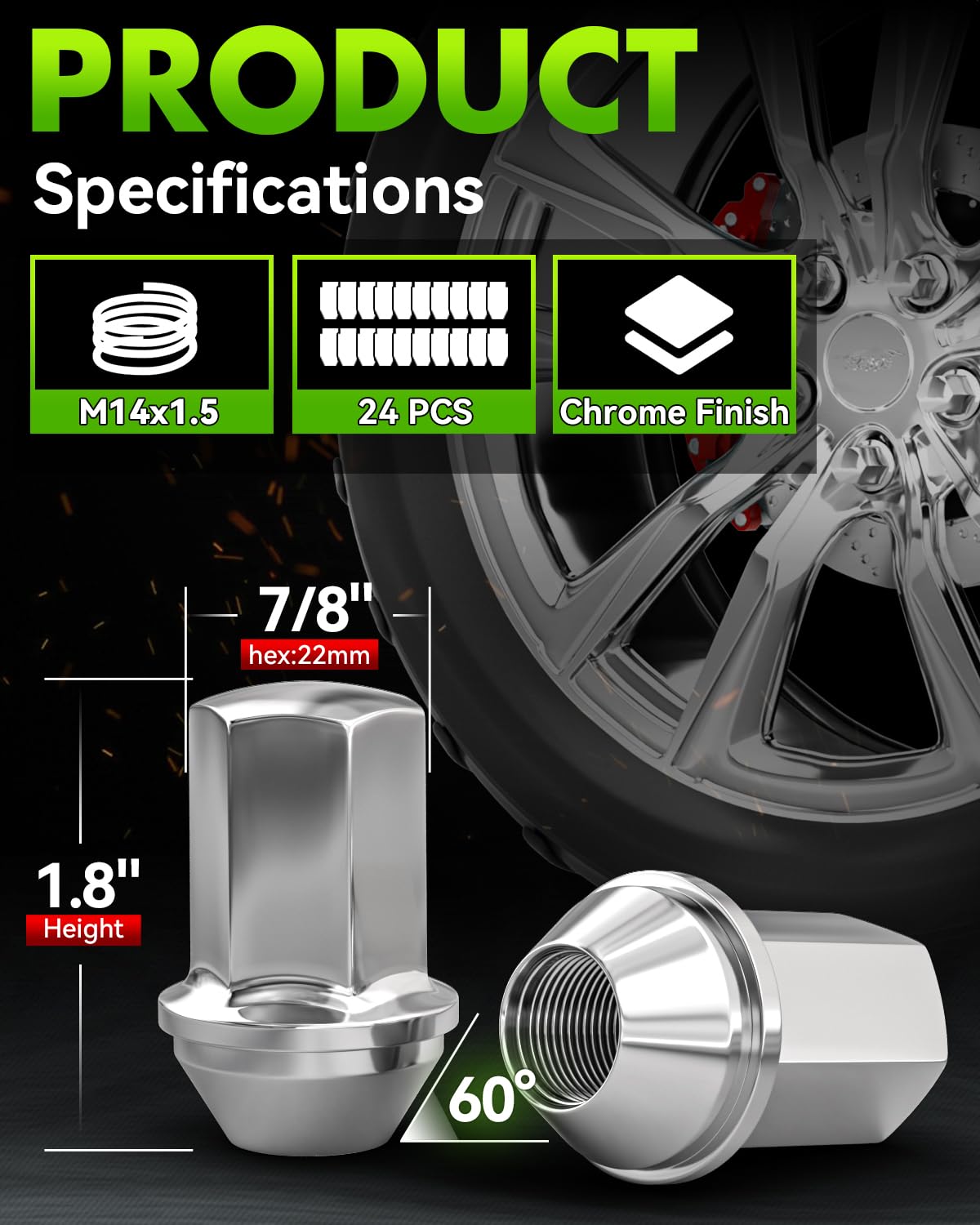 24 szt. 14 x 1,5 cm kołki do kół, 1,8 cala wysokość OEM styl fabryczny Acorn Seat Lug Nuts, chromowane wykończenie, sześciokątne, 60 stopni stożkowe siedzisko do Silverado, Sierra 1500