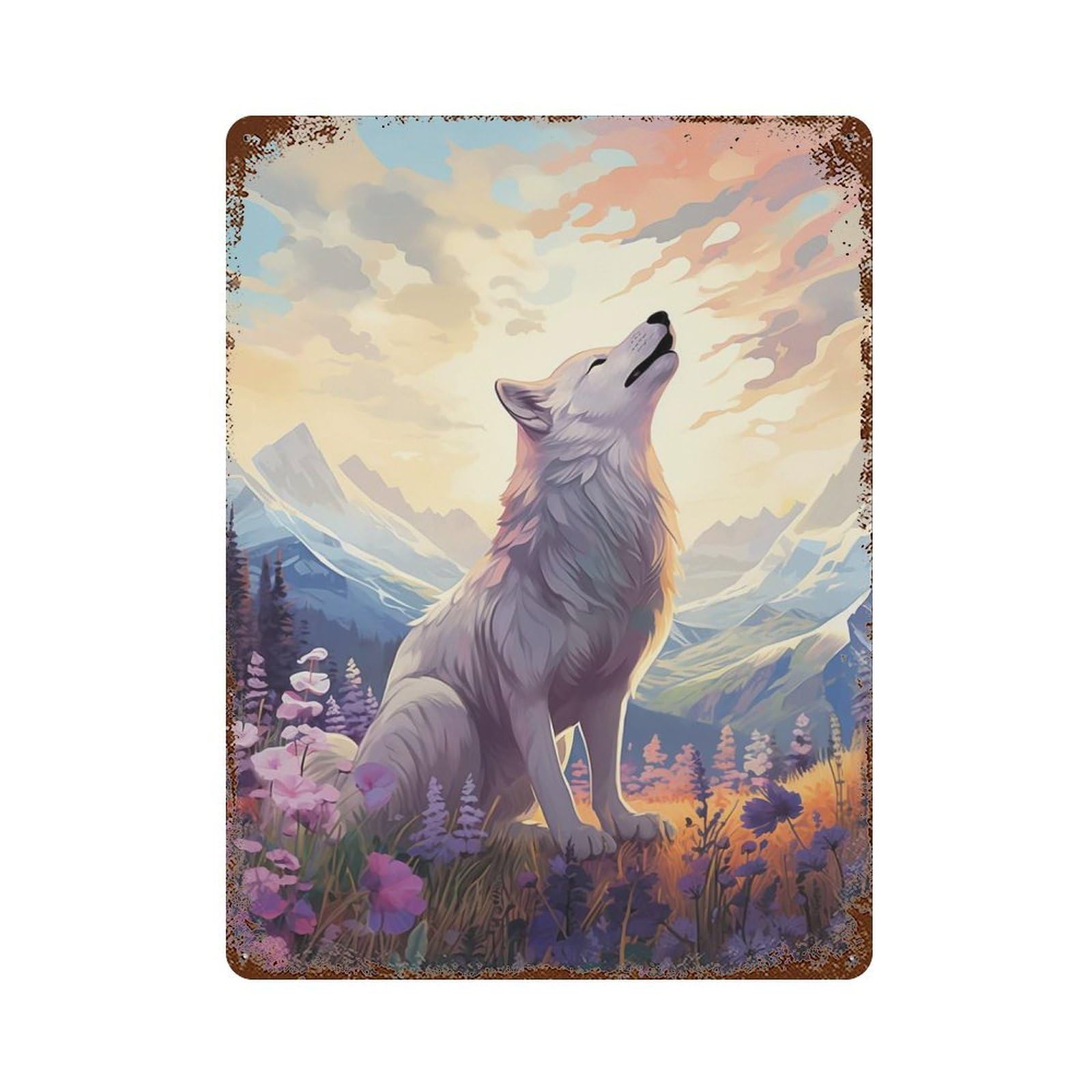 Wolf Howling at Sunset Rusty Metal Tin Sign 15.7"x11.8", Farmhouse Wall Decor for Farmhouse, Kitchen And Entryway Decor