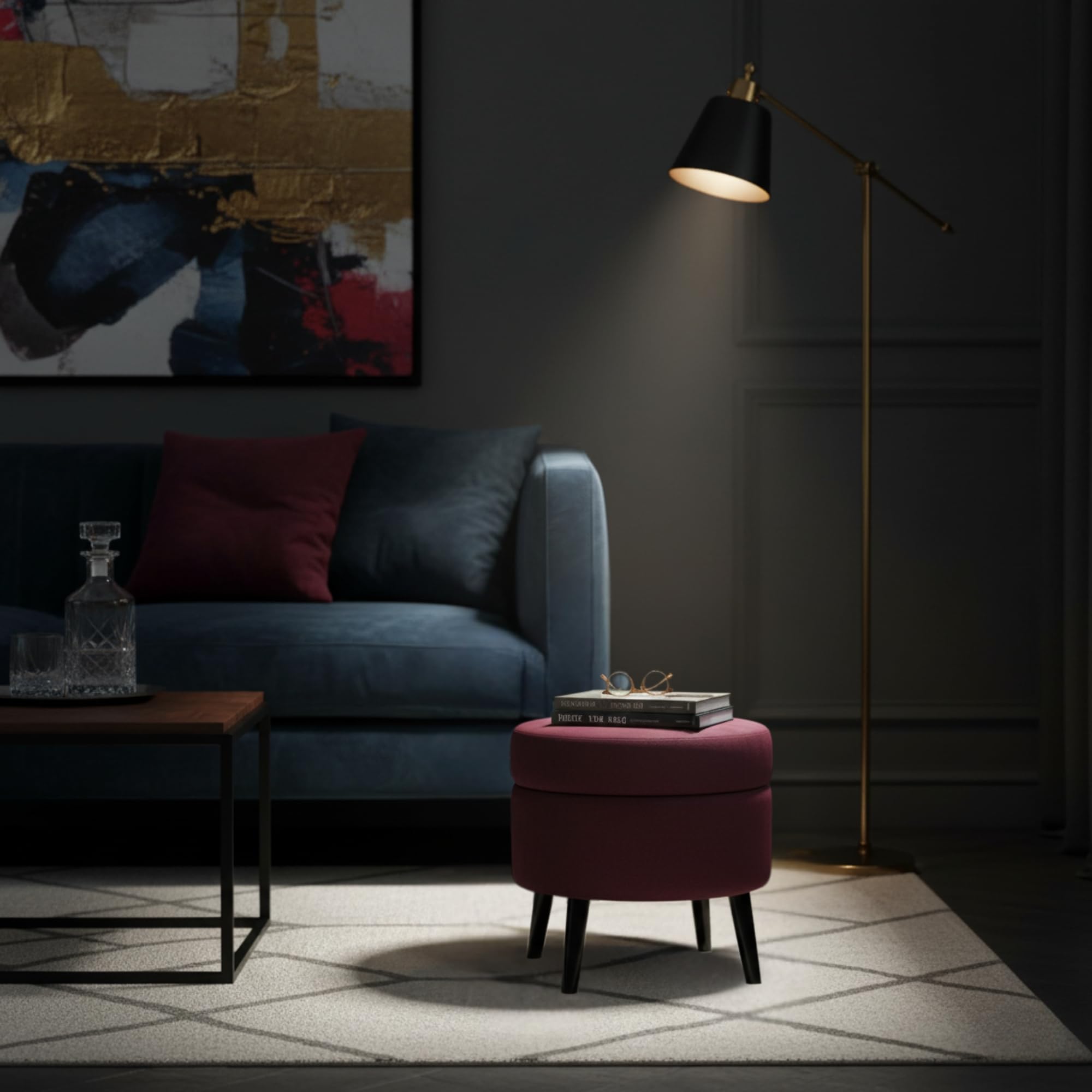 Pouf Contenitore in Velluto Color Bordeaux, Puffo Contenitore Rotondo, Pouf con Piedini in Legno, Pouffe Salotto 38x39 cm