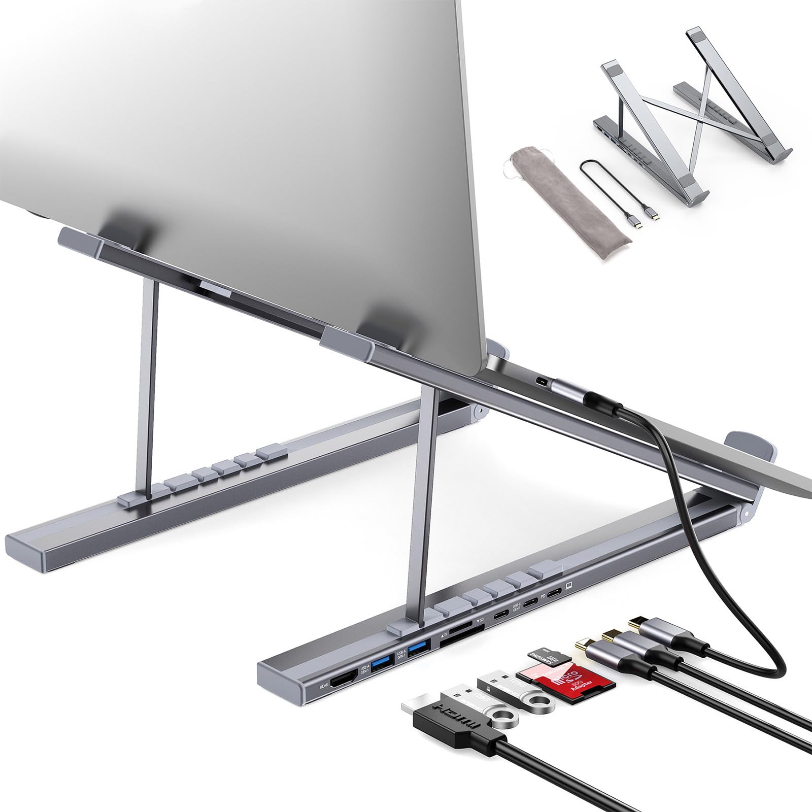 Stacja dokująca USB-C stojak na laptopa, 8 w 1, koncentrator USB C, składany stojak na tablet z 4K HDMI, USB 3.0, PD 100 W, karta SD/TF, uniwersalna stacja dokująca do MacBooka/MacBooka Pro