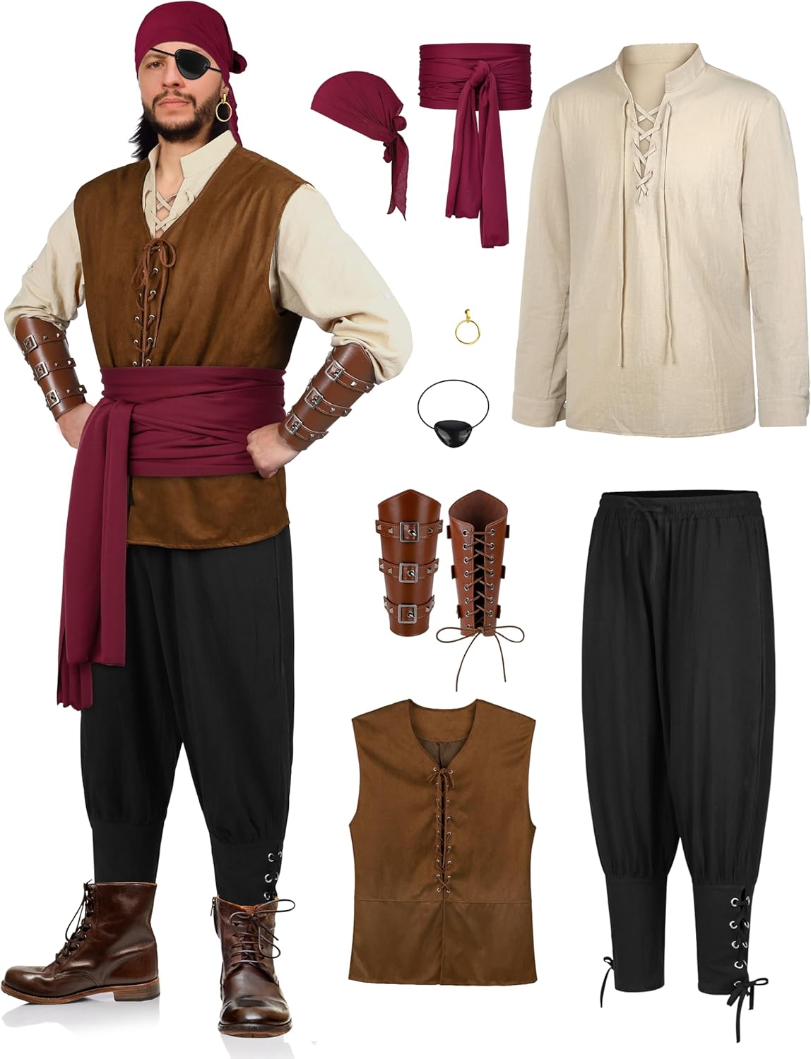 SOMSOC 8 Pieces Men's Halloween Renaissance Medieval Costume Set Pirate Shirt Viking Vest Pants Headscarf Belt