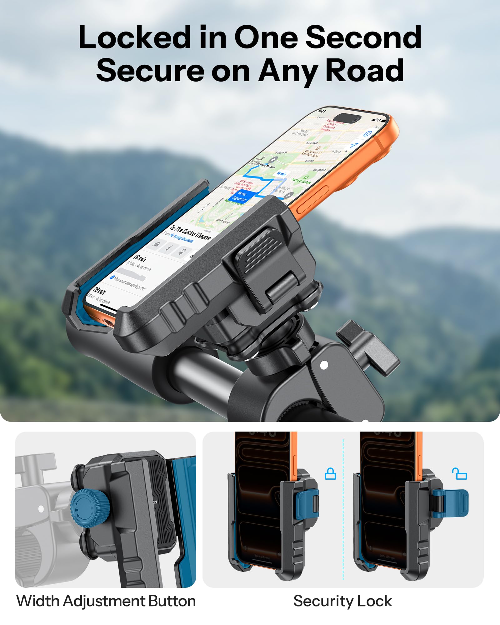 OMOTON BK01 Support de téléphone anti-vibration pour rétroviseur et guidon, support de téléphone de moto résistant aux chocs avec verrouillage rapide, compatible avec iPhone et tous les téléphones
