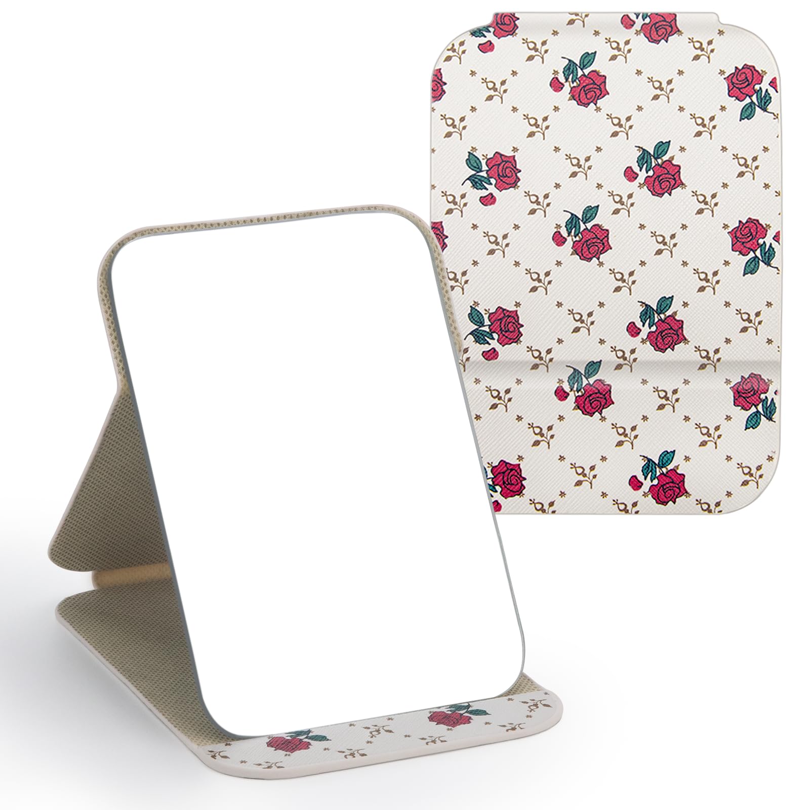 OWLKELA 16x11cm Portable Folding Mirror, Super HD Compact Makeup Mirror, Floral PU Leather Tabletop Foldable Mirrors, Free Standing Vanity Mirrors for Travel, Camping, Bathroom& Home