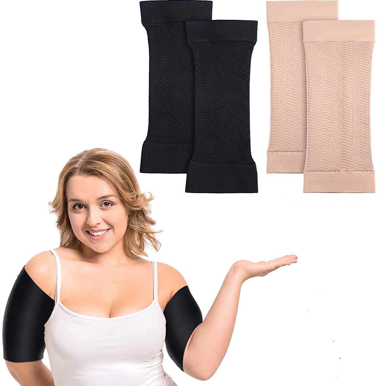 2Pair upper arm compression sleeve, Compression Sleeve for Women,Aids Weight Loss, Targets Upper Fat, Tones & Shapes. Includes (Beige + Black)