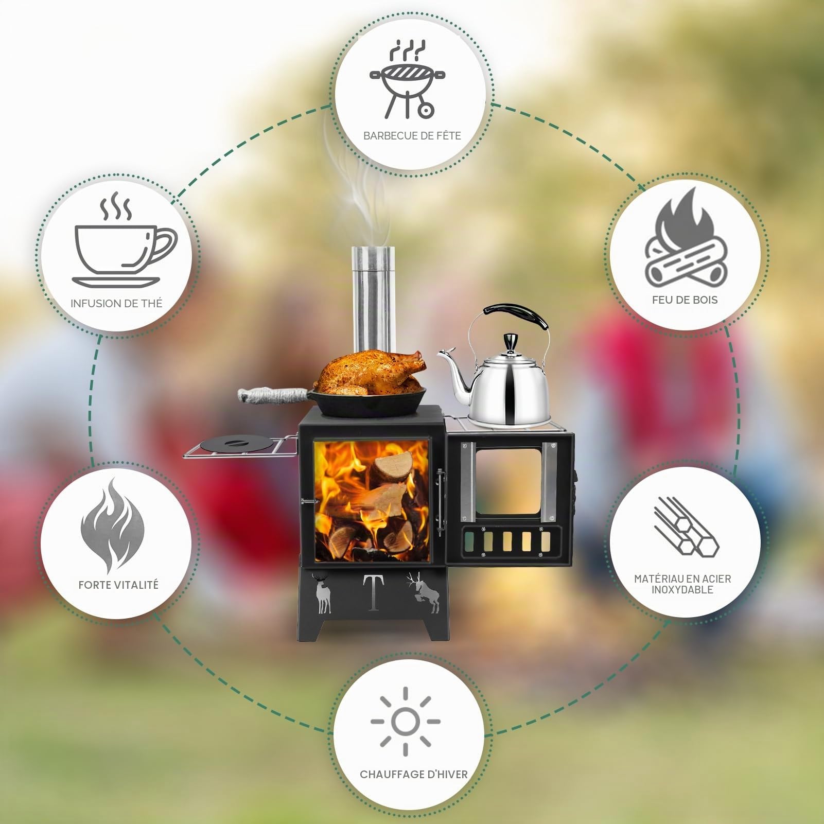 Réchaud à bois portable pour tente de camping, poêle à bois portable, réchaud de tente pour chauffage, brûleur de camping pliable avec tuyaux 1 ensemble