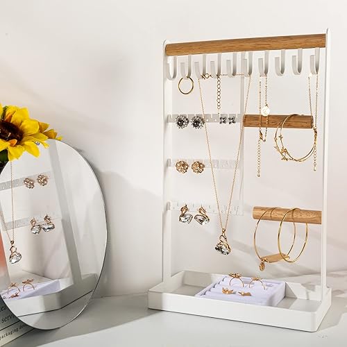 Miniatura 8 de Soporte organizador de joyas soporte para collar estante de torre de joyería de 4 niveles con caja de bandeja de anillos y agujeros ganchos