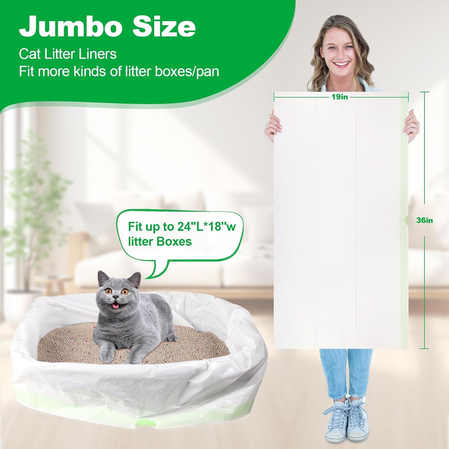 100 Pack Jumbo Cat Litter Bags - 3MIL Extra Thick Heavy Duty Cat Litter Box Liners, 36"x19" Drawstring Large Cat Litter Liners for Litter Boxes, Easy Clean Up Kitty Litter Liner XL