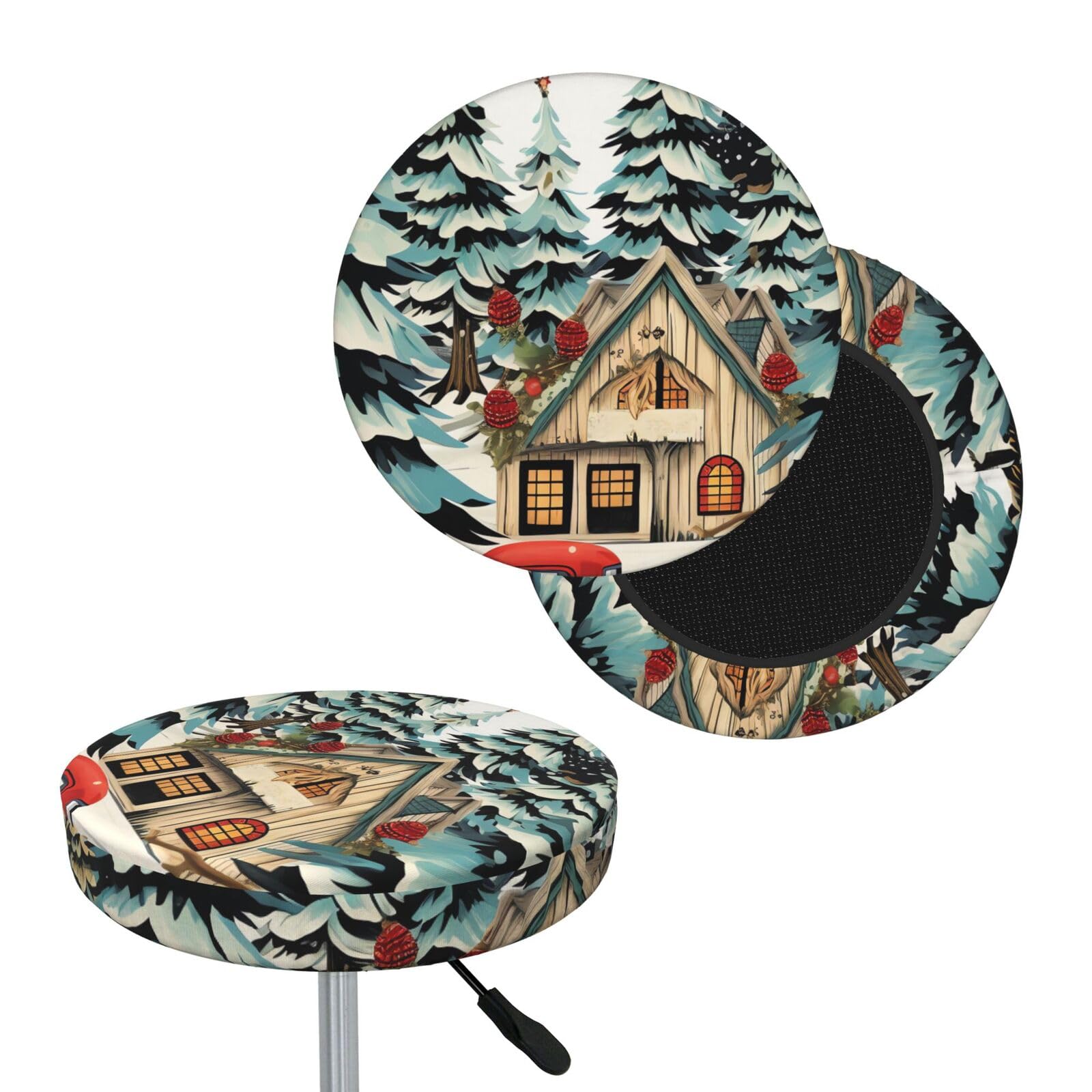NONHAI Farmhouse Christmas Bar Stool Cover Round Elastic Stool Cushion Covers Dustproof Bar Chair Cover Washable Stool Cushion Slipcover Stretch Stool Seat Covers for 12-14 Inch Chair