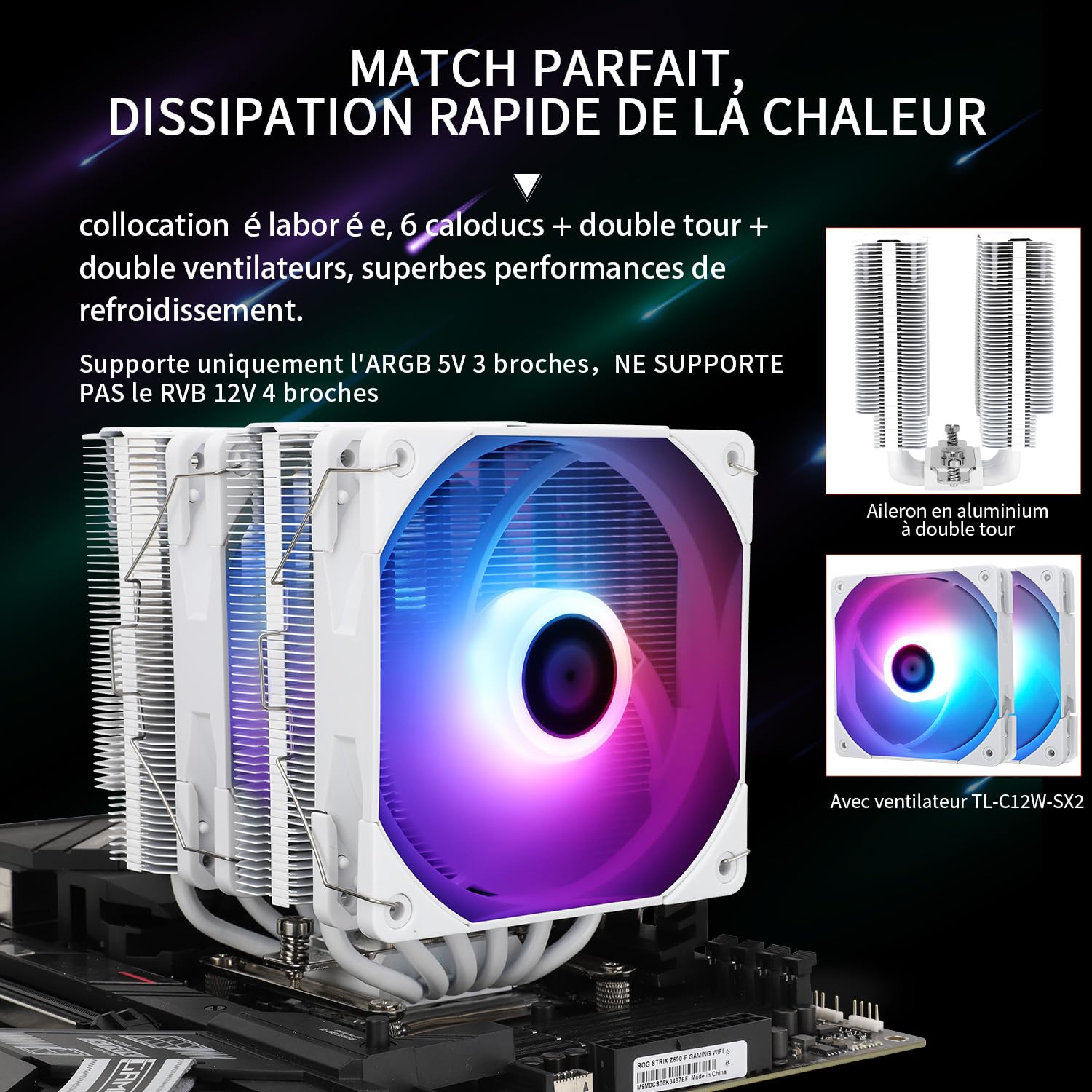 Thermalright Peerless Assassin 120 White ARGB Refroidisseur d’air CPU,6 caloducs, Double ventilateur PWM TL-C12W-S de 120 mm,Technologie AGHP, Pour AMD AM4 AM5,Intel 1700/1150/1155/1200/2011