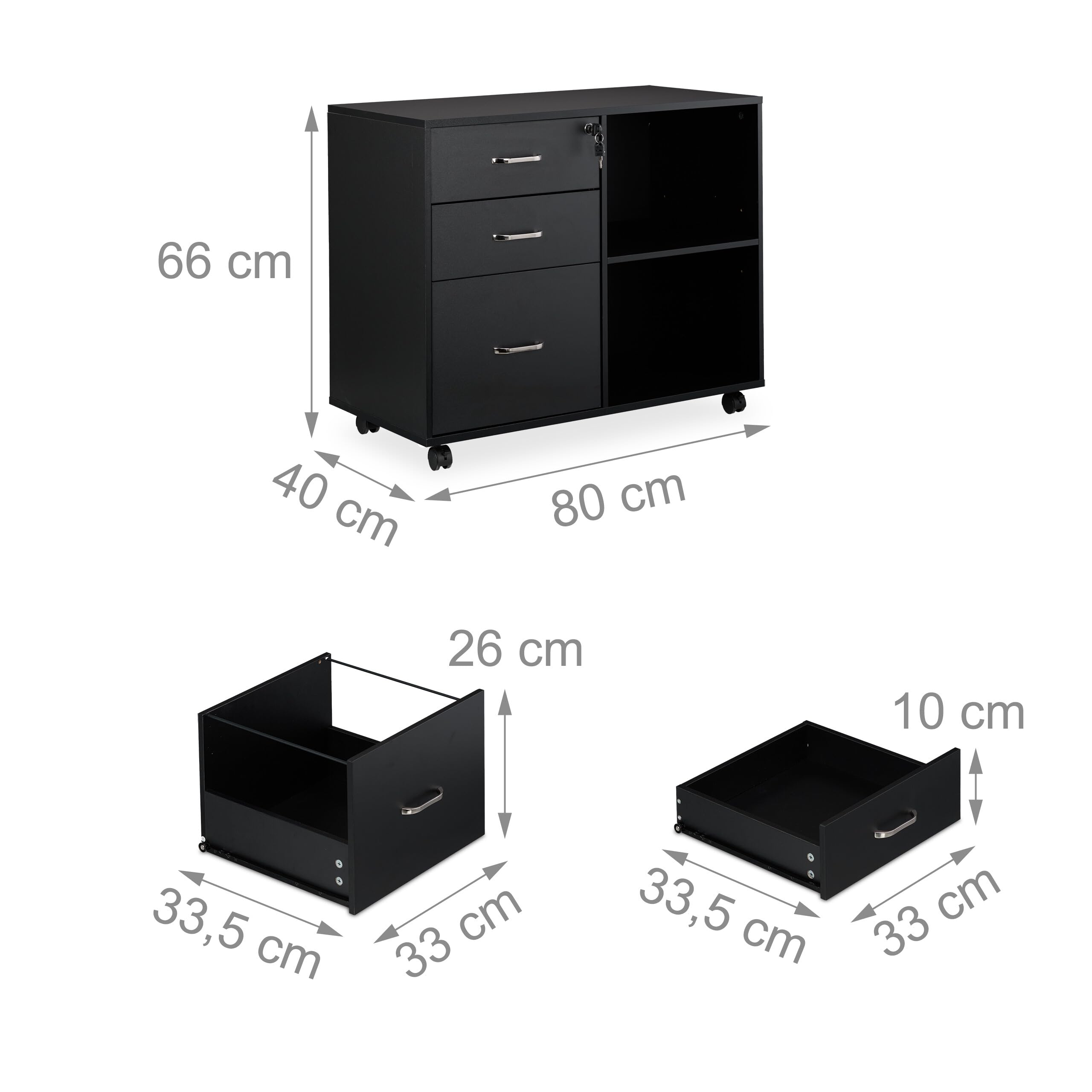 Relaxdays Caisson Mobile, 3 tiroirs, 2 Compartiments, H x l x P : 66 x 80 x 40 cm, Armoire verrouillable, Noir