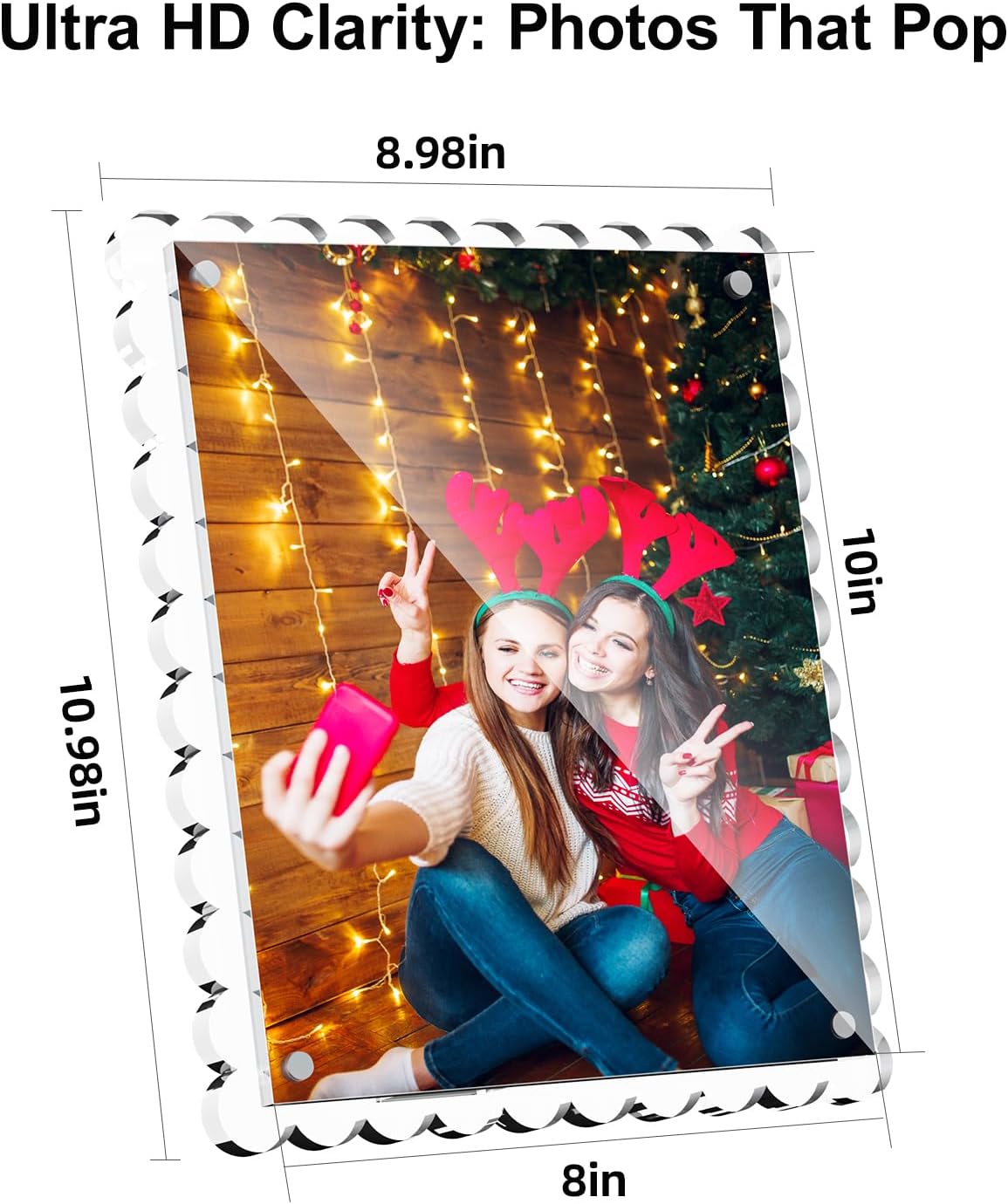 HELPLEX 8x10 Clear Acrylic Picture Frames with Scalloped Edges, 3-Pack Magnetic Frame with Stand for Horizontal or Vertical Display, Tabletop or Desk Photo Holder