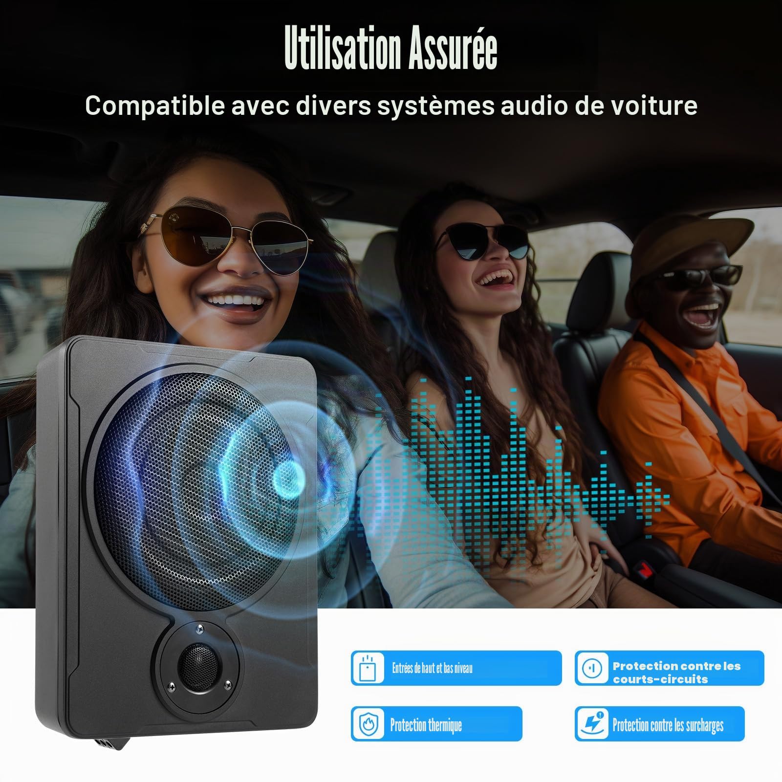 Caisson Basse Voiture,Caisson Basses Actif Voiture Compact 600W 8 Pouces avec Jeu Câbles,Excellente Performance Basse Fréquence, Sortie Musique Pure et Effets Sonores
