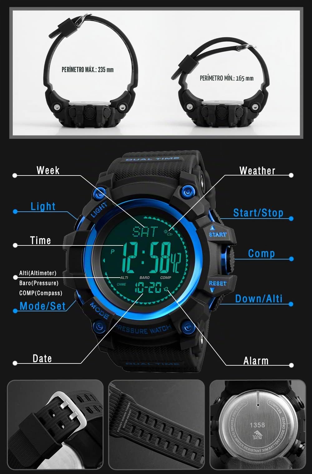 Multifuncional Brújula Relojes de Pulsera de Hombre Deportivo Digitales Outdoor Militar Tácticas Plástico Bisel con Goma Correa Pulsómetro Altímetro Termómetro Simple Reloj