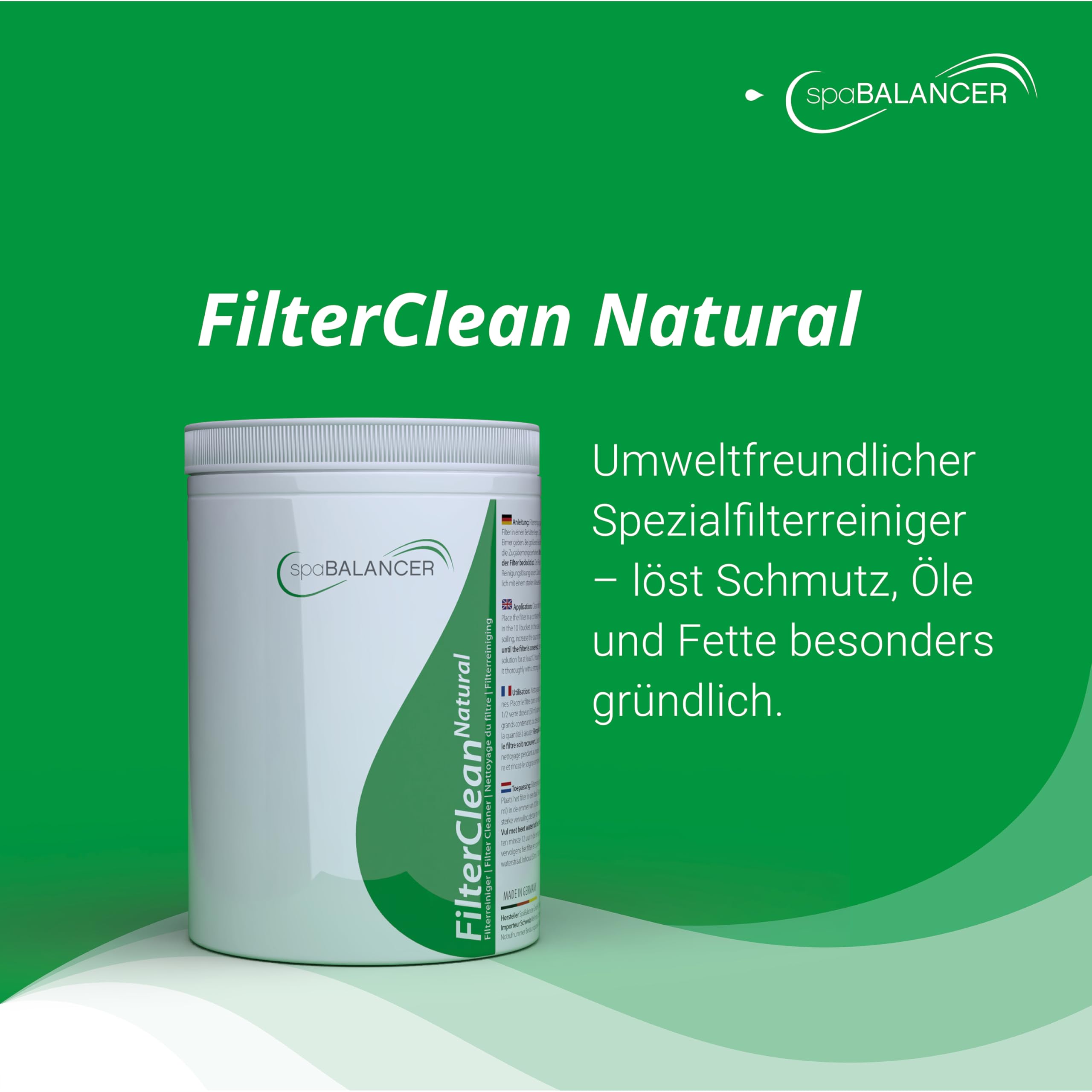 SpaBalancer FilterClean Natural 950 g, umweltfreundlicher Filterreiniger für Whirlpool, Spa und Pool, entfernt Kalk, Fett und Ablagerungen aus den Filterlamellen, bis zu 19 Anwendungen