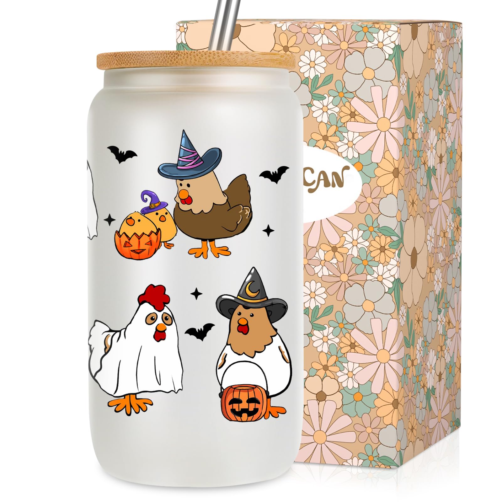 LEADO 16 oz Witch Chicken Cup, Halloween Glass Tumbler - Halloween Gifts for Women, Men, Adults - Boo Basket Stuffers, Spooky Gifts for Chicken Lovers, Teen Girls - Cute Glass Cup with Lid and Straw