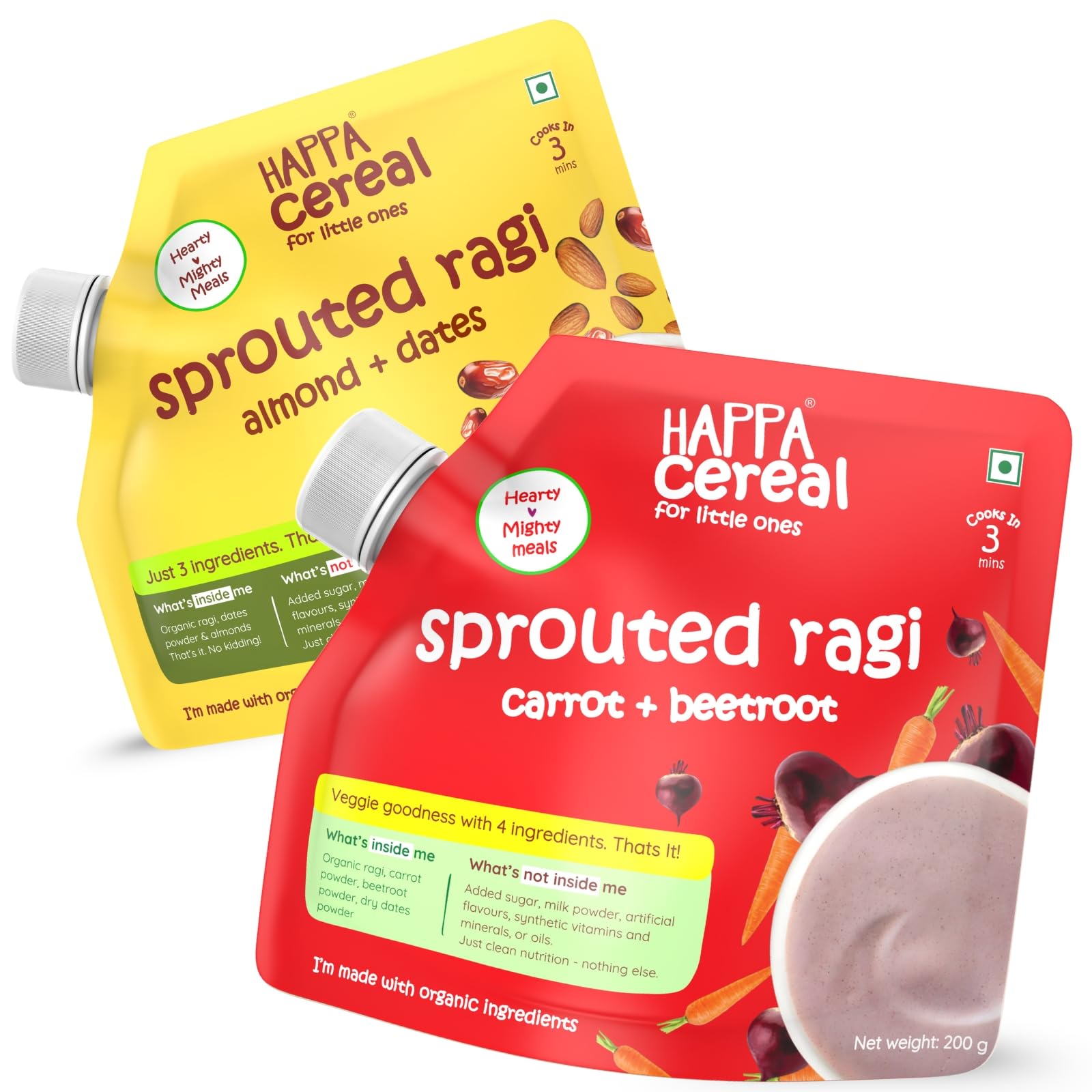 Ragi Cereal for Babies | Sprouted Ragi Carrot Beetroot & Almond Dates Combo | No Sugar, Oil, Milk Powder, Flavours or Colours | Traditional Porridge Recipe | Cooks in 3 Minutes | Stage 2 (6 Months+) | 200g Pack