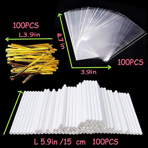 Miniatura 8 de FUATOR 300 Pcs Cake Pop Sticks Set, 100Pcs 6 inch Lollipop Sticks, 100Pcs Cake Pop Bags, 100Pcs Colorful Twist Ties, for DIY Lollipops, Cake Pops,