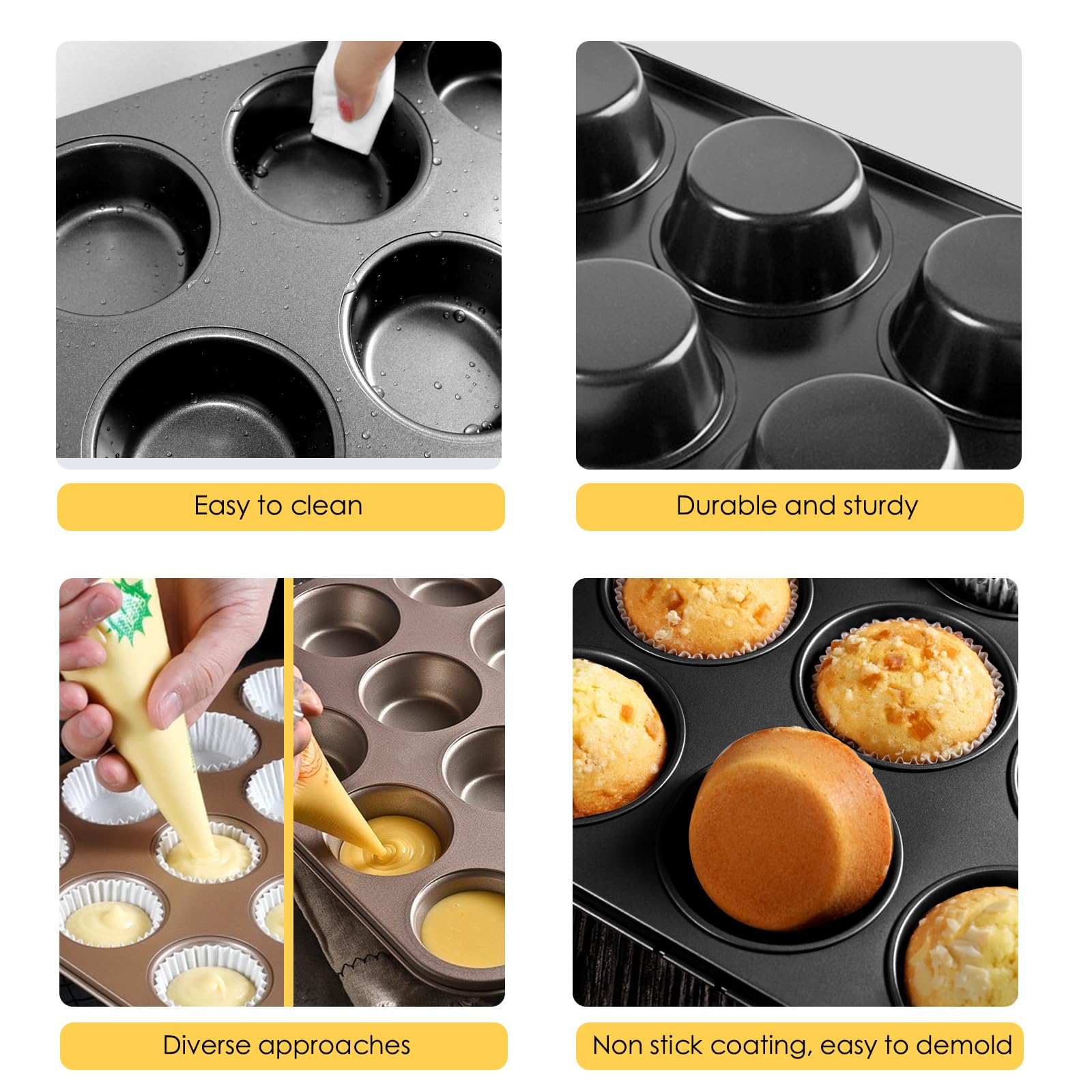 Molde para magdalenas para hornear, molde antiadherente para magdalenas, 12 tazas, paquete de 2 bandejas para tartas, moldes para tartas de queso de alta calidad, color negro