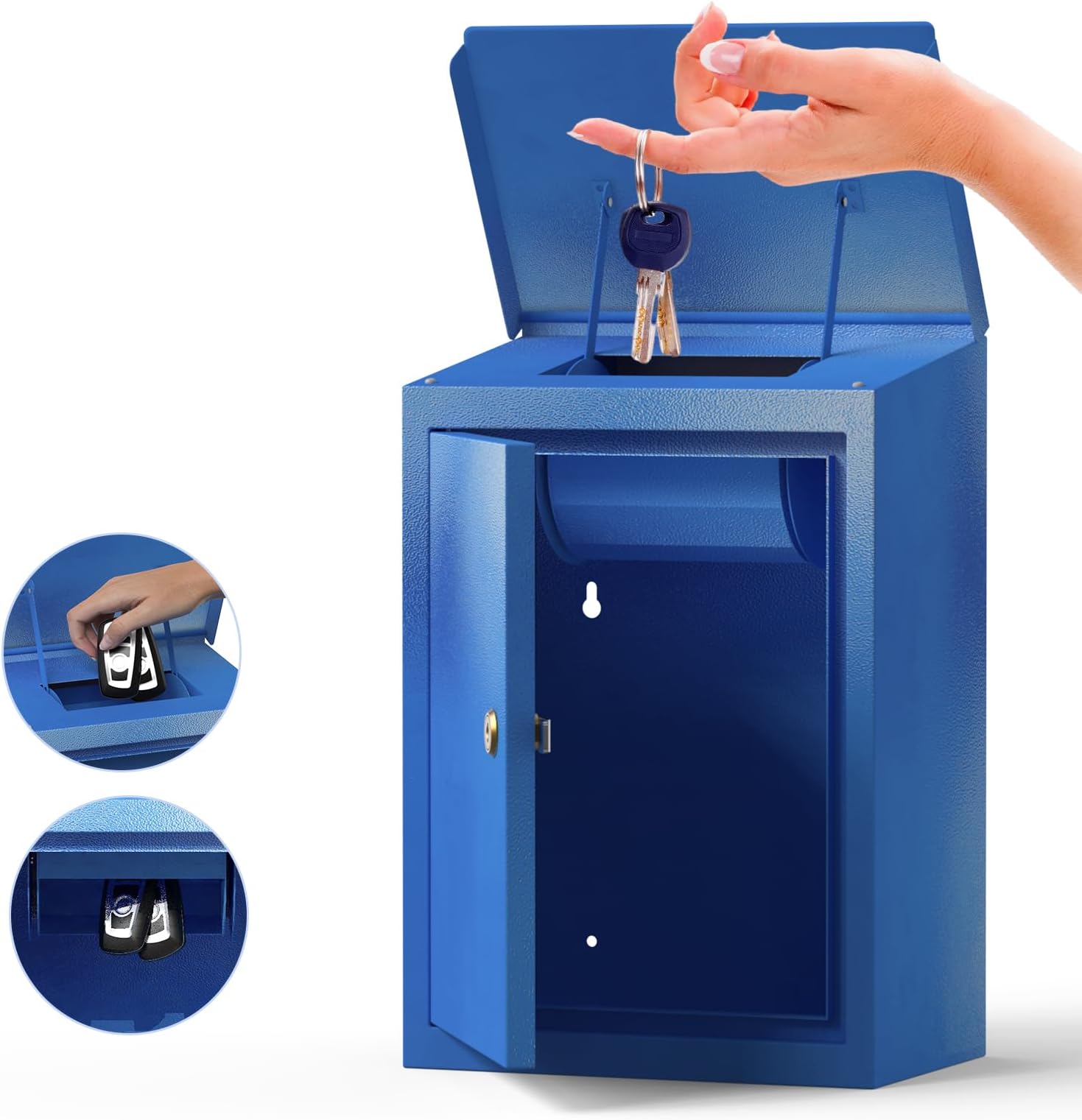 DiDiHereKey Drop Box for Automotive, Key Return Box Wall Mount, Anti-Thief & Waterproof Design for Outdoor, Heavy-Duty Secure Storage Box for Hotel,Car Rental, Large Capacity 6x10x14 Inch(Blue)