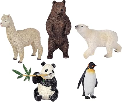 Simba Toys Wild Animals Set 5-Piece Wildlife Figurine Collection Brown Bear, Polar Bear, Llama, Panda, Penguin | Toy Animal Figures, Ages 3 and Up