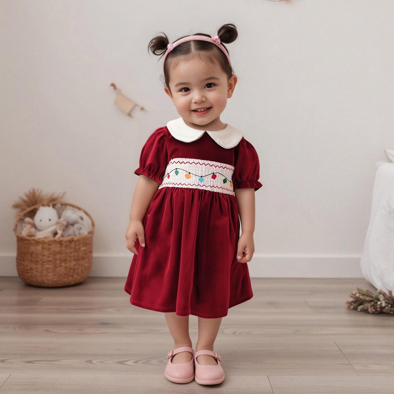 Toddler Girl Christmas A Line Dress String Lights Embroidery Short Sleeves Doll Collar Velvet Dress - Image 4