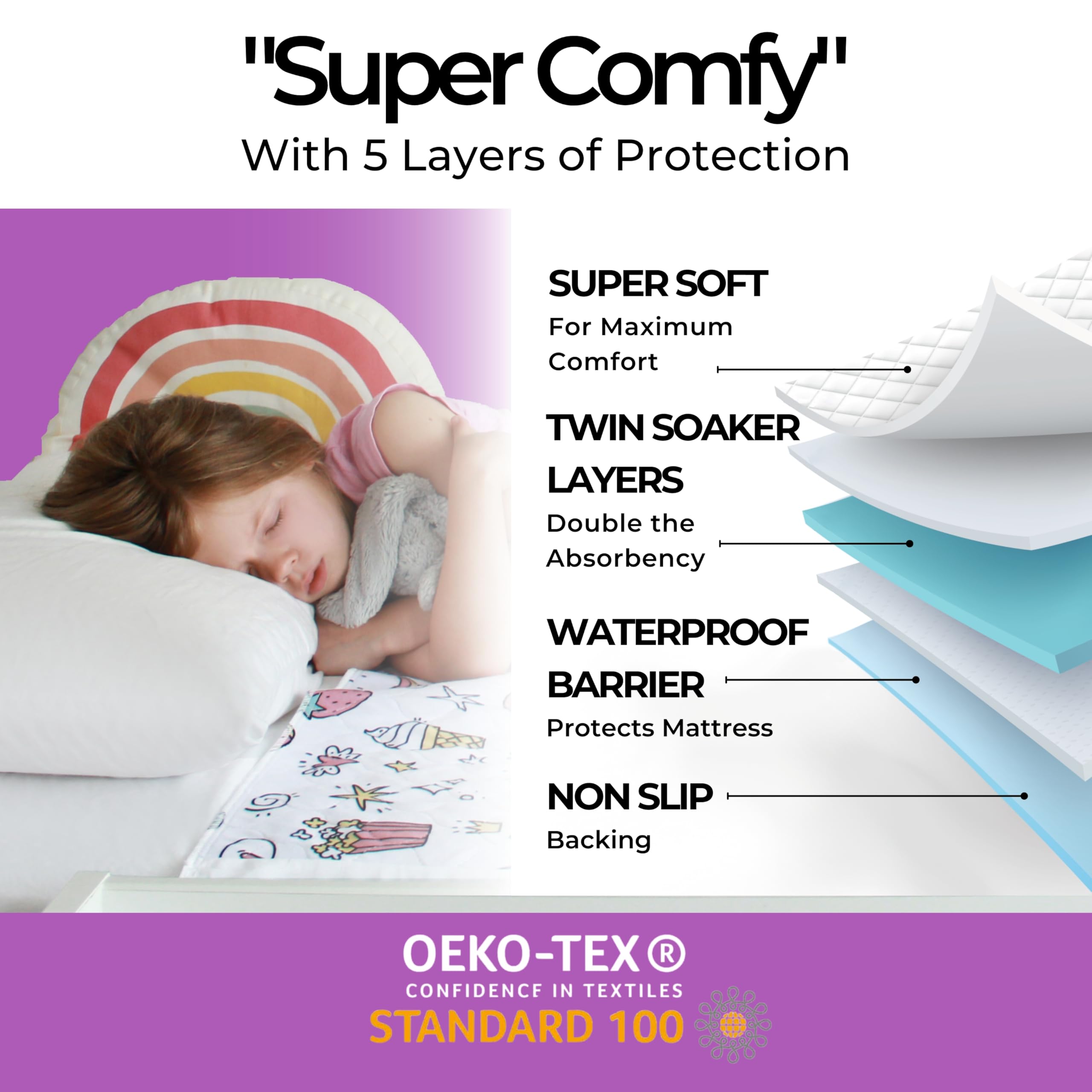 Hygge Sheets - Almohadillas de entrenamiento para orinar para niños y niños pequeños, 100 % impermeable, almohadilla antideslizante para camas de tamaño matrimonial, lavable, reutilizable, colchón y