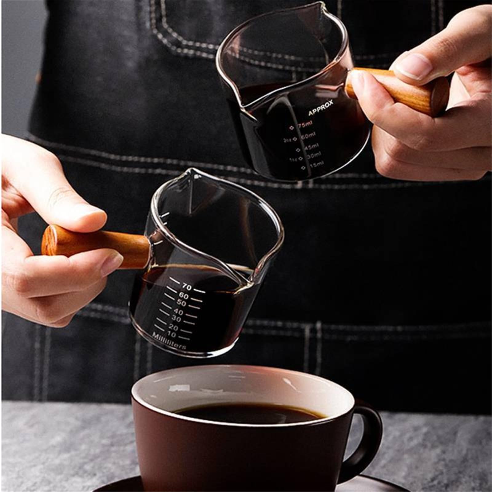 Taza medidora de café expreso con mango madera, jarra leche doble/boca única, tazas medidas a escala, 2 uds para Latte Art(Transparent A-70ml)
