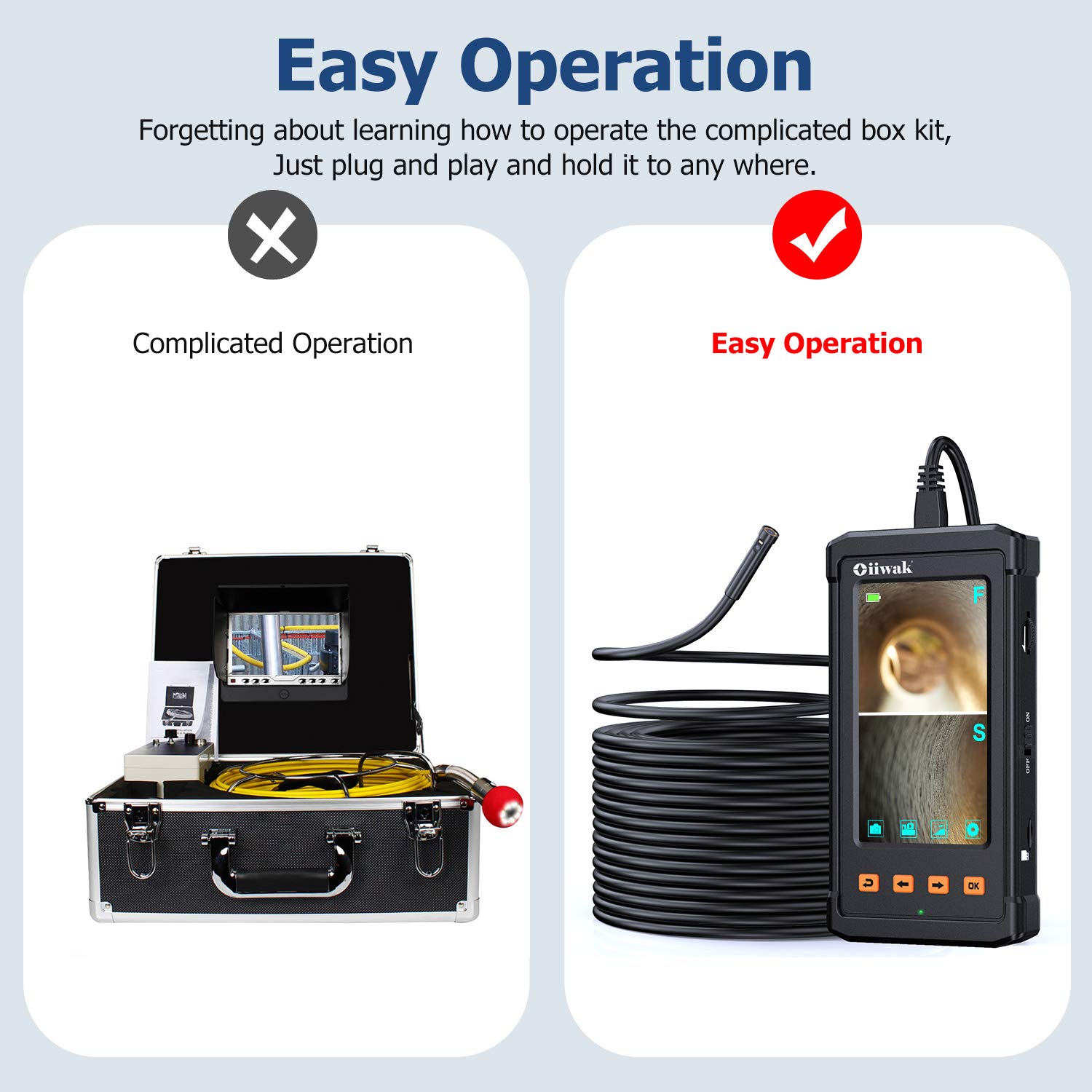 50FT Dual Lens Screen Borescope Camera, Oiiwak Dual Lens Endoscope for