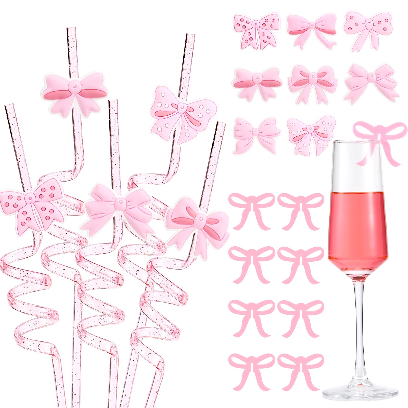 Pailles réutilisables nœud rose anti-confusion de verre avec marqueurs de boisson pour fête